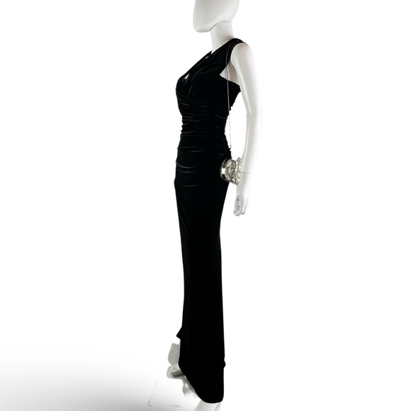 Talbot Runhof | Velvet Curve Hugging Draped Off Shoulder Evening Gown Small - Picture 7 of 10